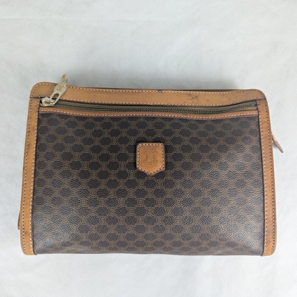 CELINE Paris Vintage Monogram Macadam Pattern Designer PVC Brown Clutch BAG